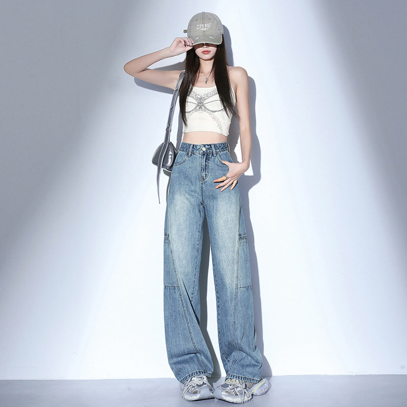 稚橘#美式高街辣妹阔腿工装牛仔裤女宽松显瘦设计感百搭拖地长裤