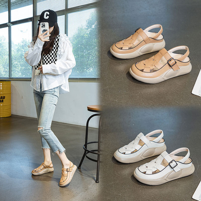 头层牛皮2026春季新款运动包头凉鞋外穿工作休闲鞋学生百搭平底鞋