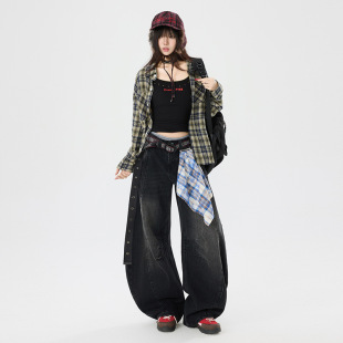 女可拆卸方巾宽松bf小众香蕉阔腿裤 复古弯刀牛仔裤 美式 橙绢女装