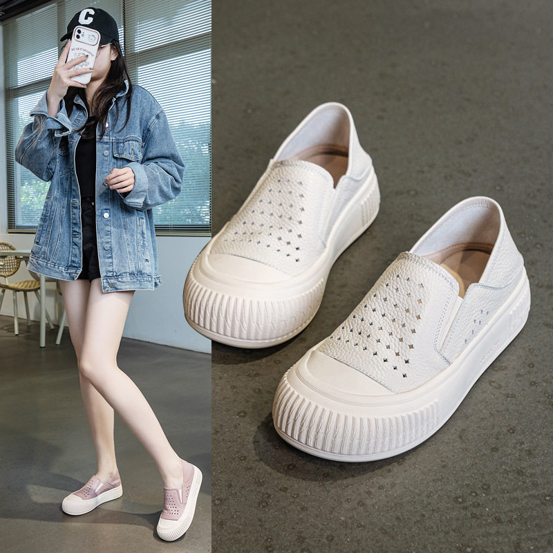 头层牛皮两穿小白鞋女2026春季新款真皮透气厚底休闲镂空洞洞单鞋