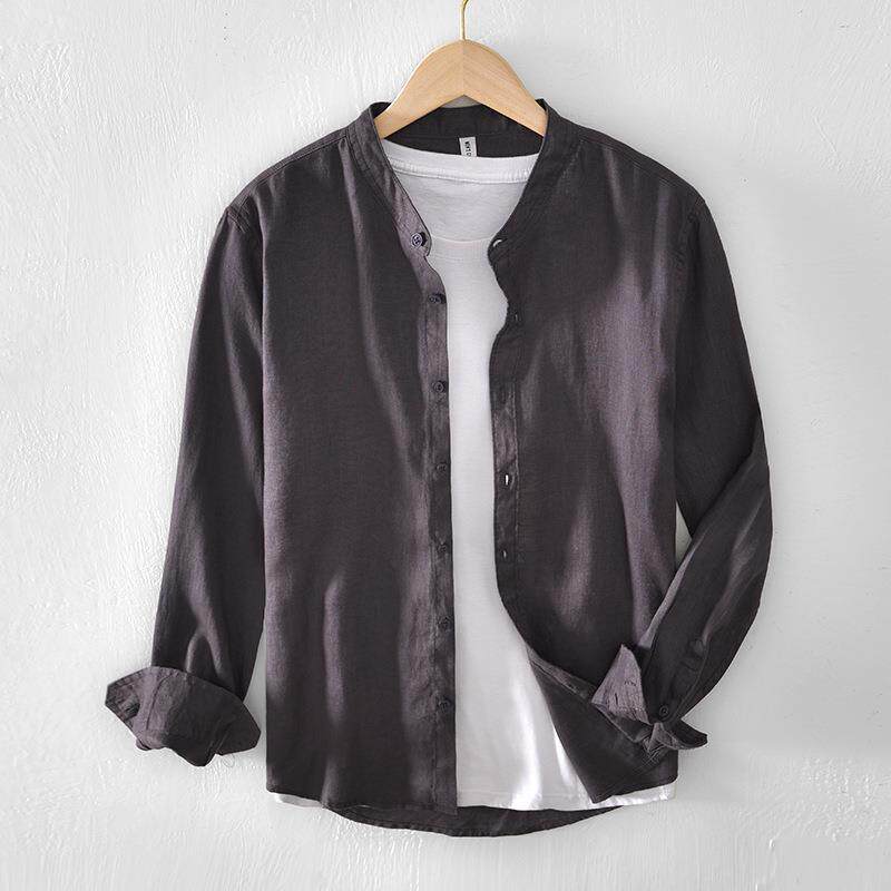l942 小清新立领长袖衬衫男  纯色亚麻透气衬衣外套男 一件