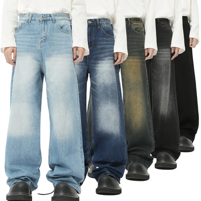 MTLCLOTHES男装|秋款新品 韩版复古多色做旧磨白阔腿直筒牛仔裤