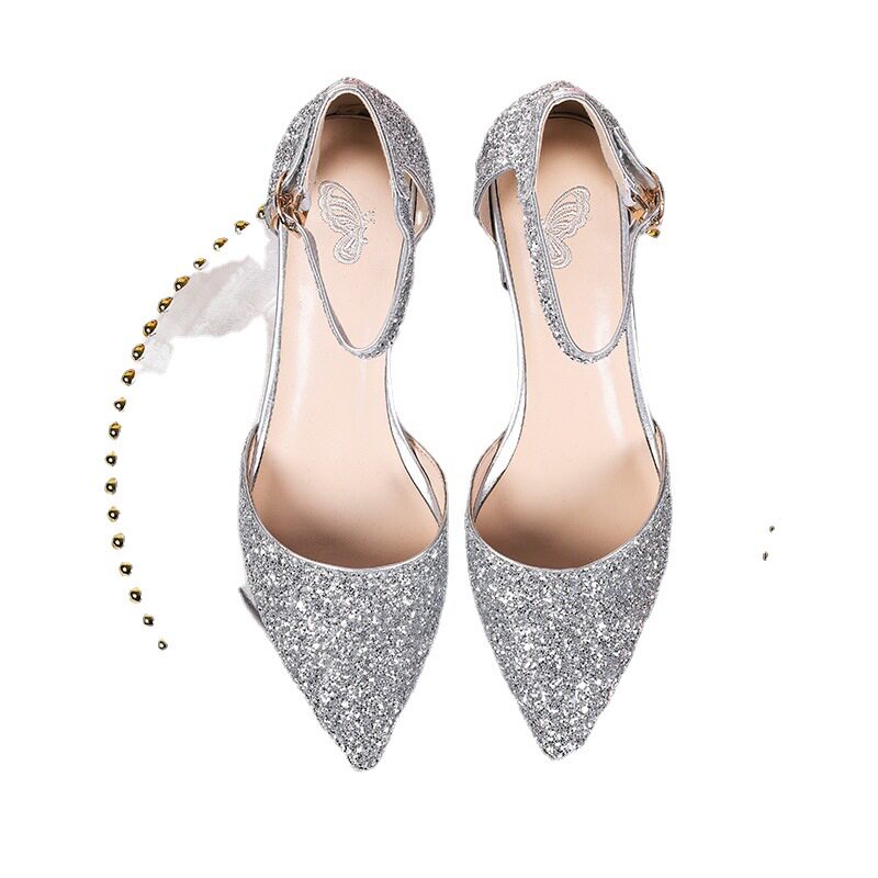 媚爱婚鞋 2022伴娘粗跟高跟女一字扣水晶新娘鞋单鞋浅口单鞋婚宴