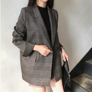 格子西装外套女韩版宽松2026春秋新款学生复古网红小西服韩国