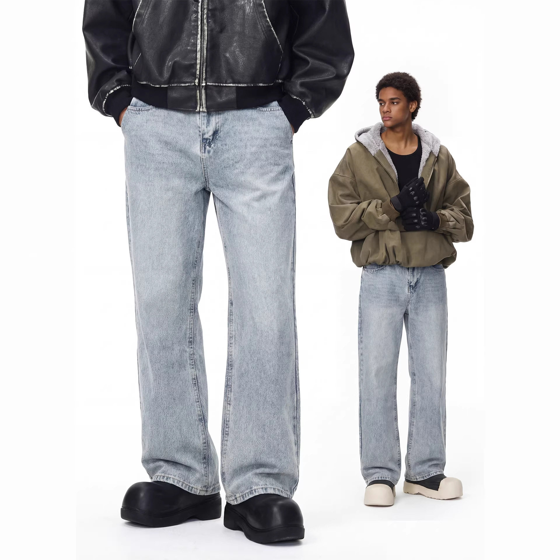 24SS冰蓝黑灰自然水洗巴黎Bootcut落色微喇长裤牛仔裤休闲百搭