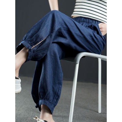 棉麻裤子女夏季薄款2024新款亚麻女裤休闲九分束脚哈伦灯笼裤