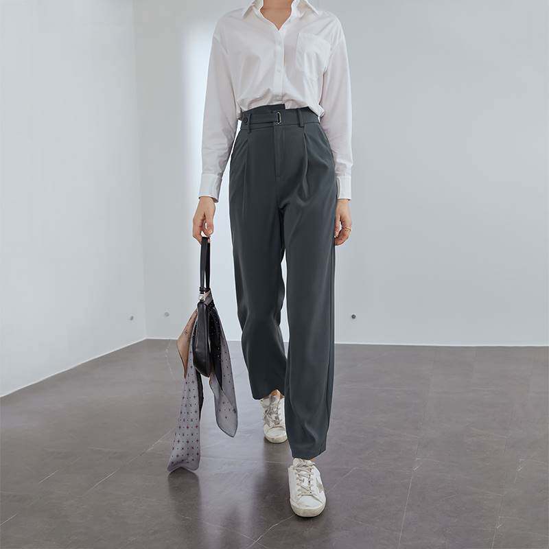 范思蓝恩210021春秋款宽松阔腿裤女高腰直筒西装裤垂感休闲长裤子
