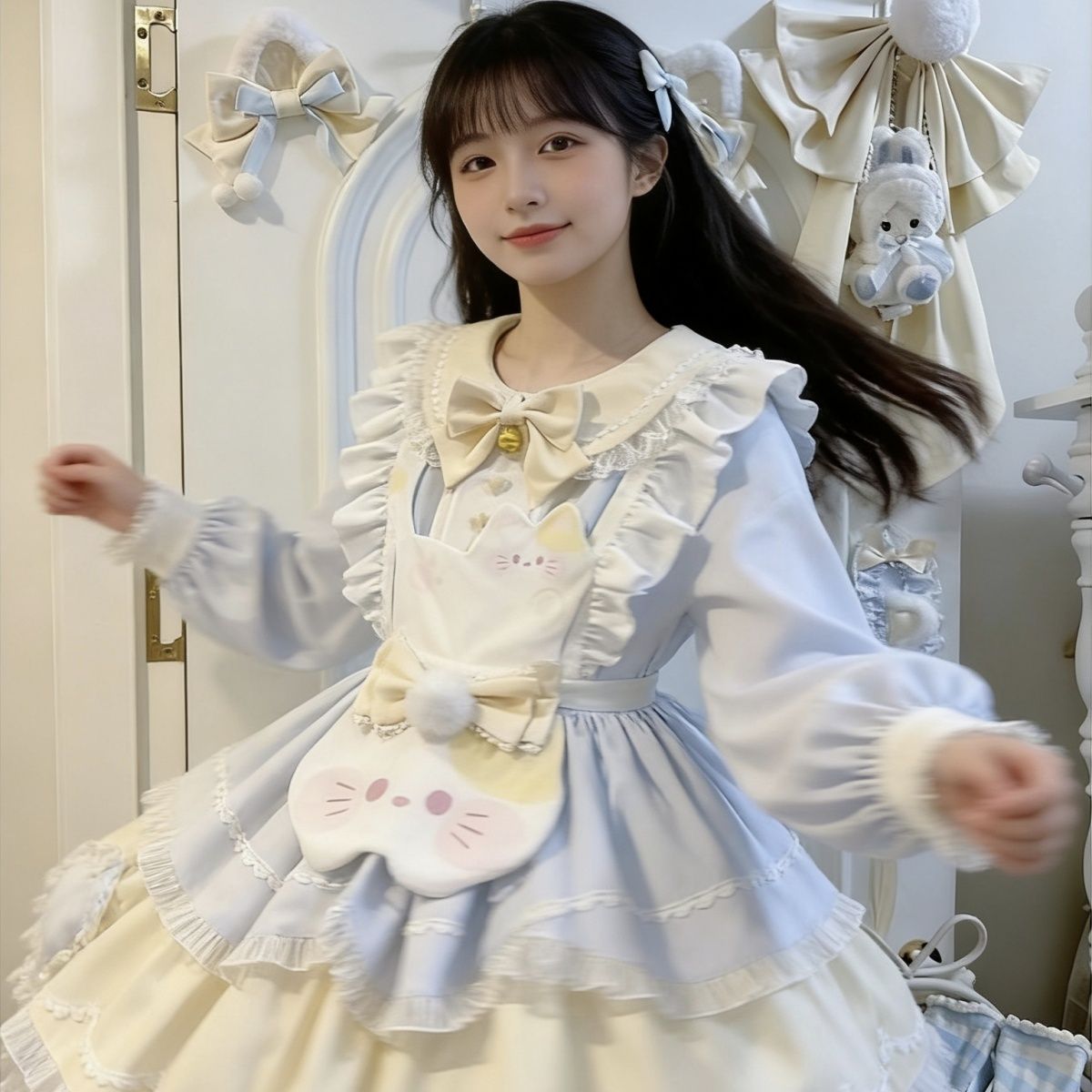 原创甜美长袖Lolita洛丽塔蕾丝连衣裙蝴蝶结围裙甜茶少女2026爆款