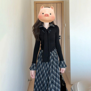 韩系巨好看穿搭一整套2026新款假两件长袖连衣裙子女秋冬长裙套装