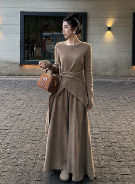 韩系设计感不规则针织衫阔腿裤两件套2025新款秋冬慵懒显瘦套装女