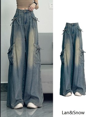 美式复古小个子蝴蝶结牛仔裤女2025秋冬新款多口袋高腰修身阔腿裤