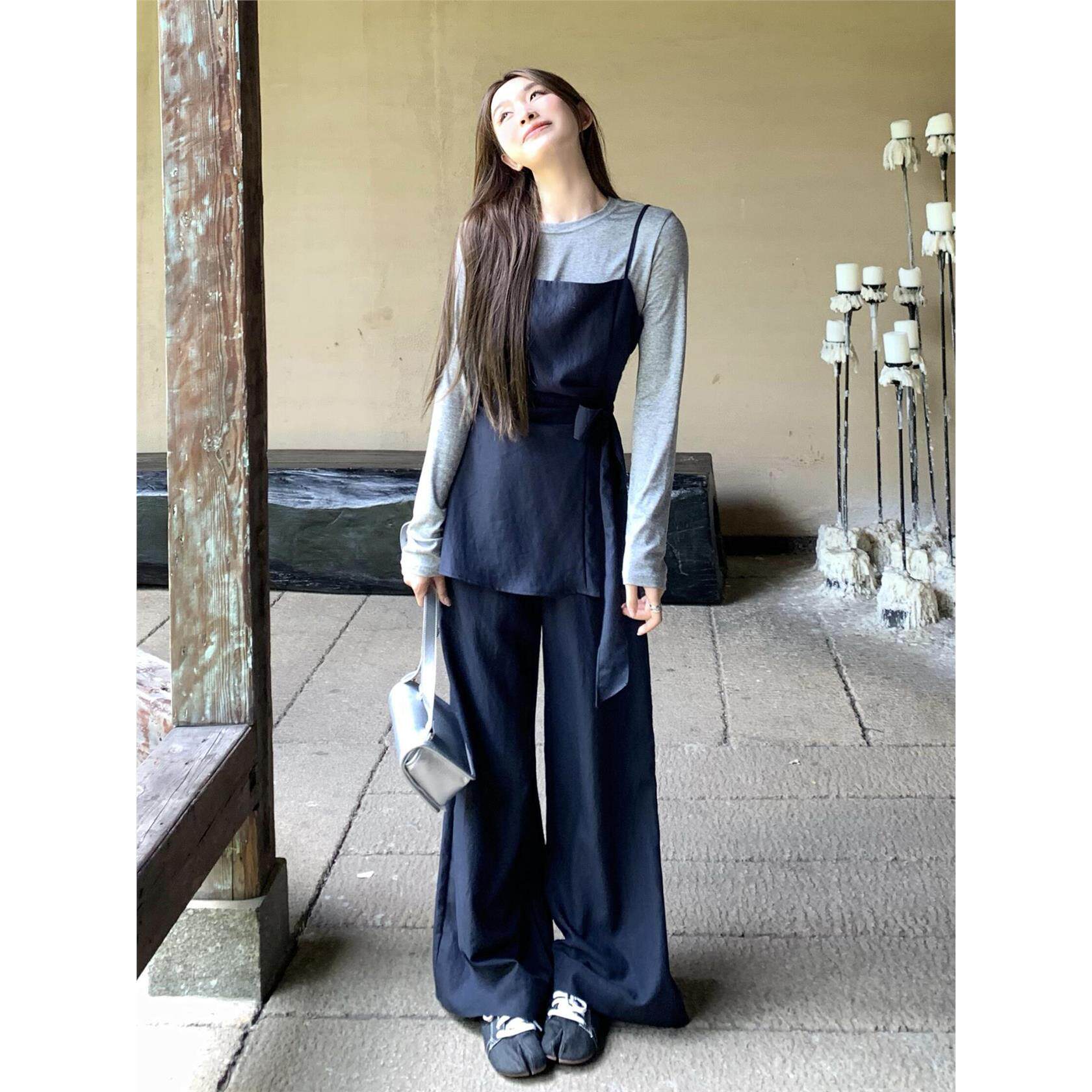 T恤女叠穿吊带背心阔腿裤套装女早春季高级感气质一整套ootd穿搭