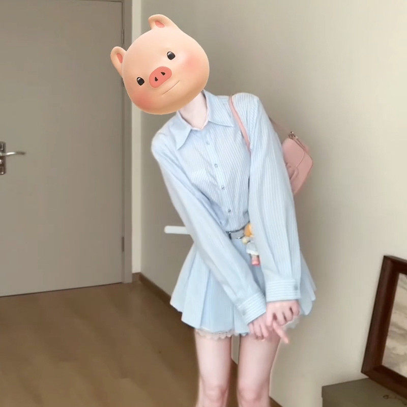 早春蓝条纹A字百褶连衣裙