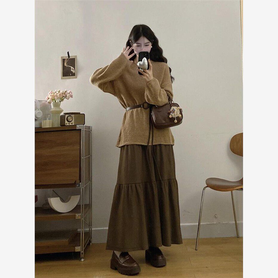 大码胖mm美拉德套装女 春季复古慵懒风显瘦收腰毛衣半身裙两件套