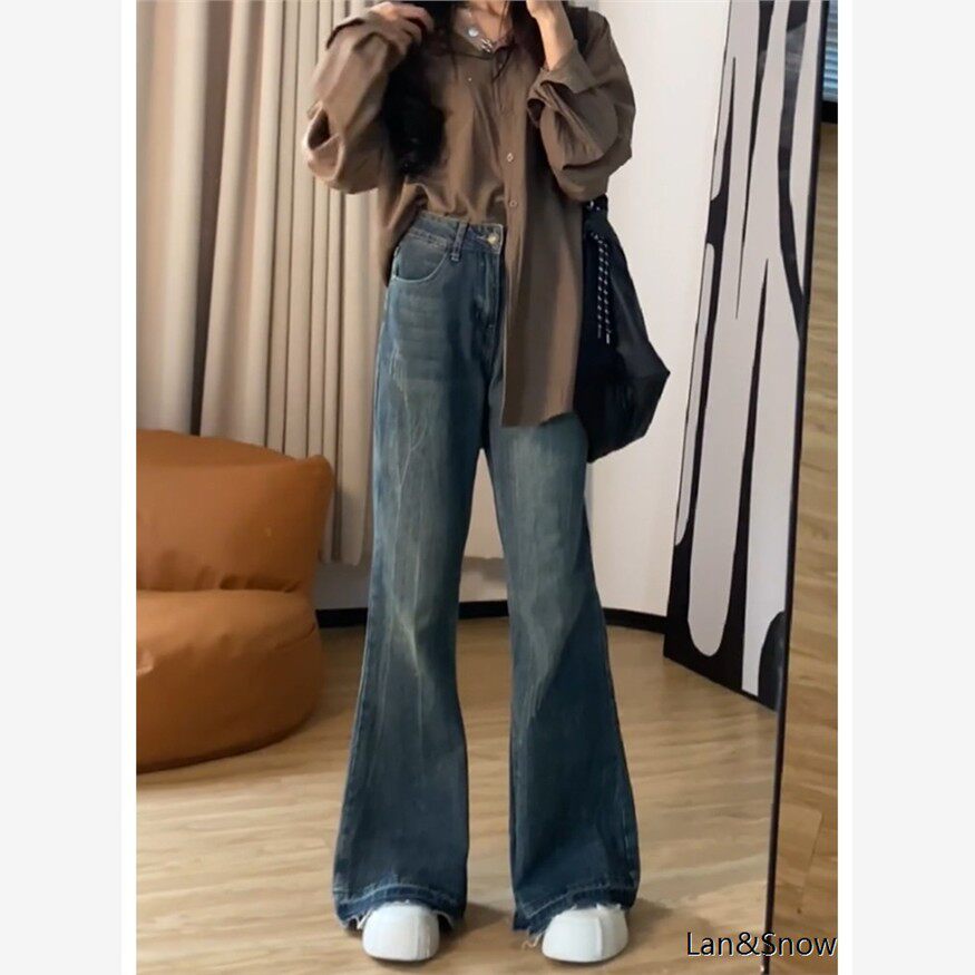 大码美式复古设计感微喇牛仔裤春季女高腰宽松显瘦不贴腿喇叭裤