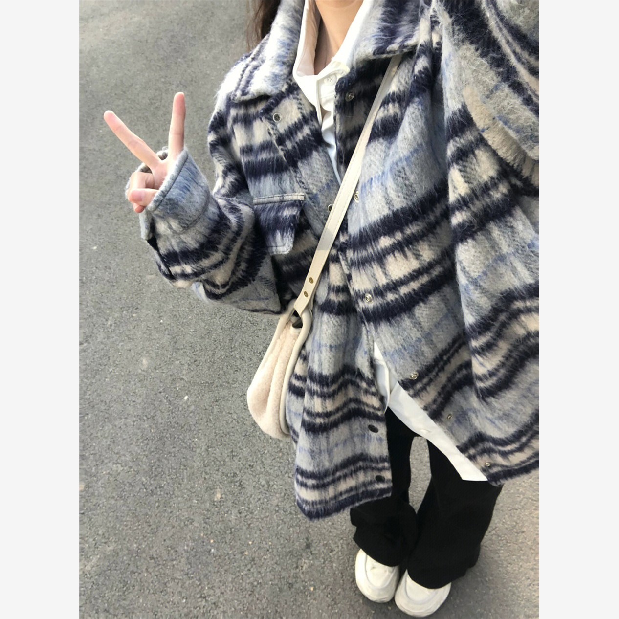 美式复古羊毛格纹加厚外套秋冬
