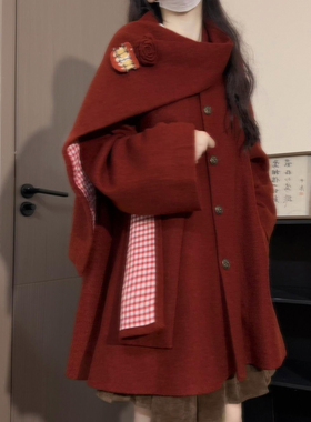 小个子富家千金风红色毛呢外套女秋冬圣诞新年氛围感收腰斗篷大衣