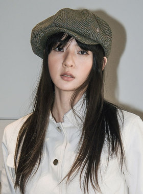 JOJOKUR 老钱风秋冬新款绿色格纹人字呢羊毛面料八角报童帽正反戴