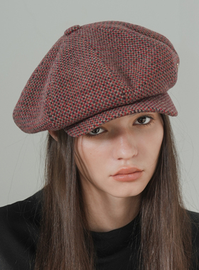 JOJOKUR 万能帽型安格拉红羊毛小格纹造型感秋冬八角报童帽贝雷帽