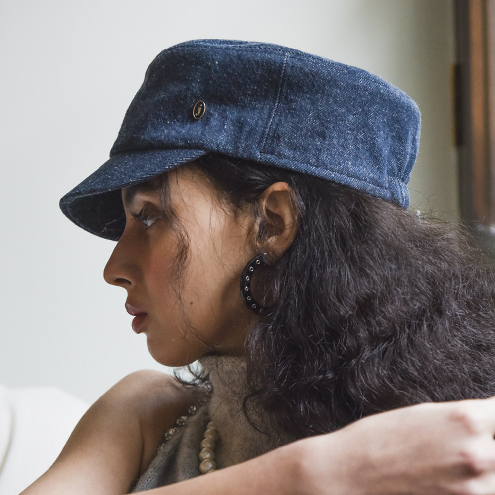 JOJOKUR 牛仔湛蓝色纯色汉麻透气圆顶弹力松紧骑士帽报童帽防晒帽