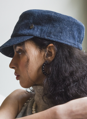 JOJOKUR 牛仔湛蓝色纯色汉麻透气圆顶弹力松紧骑士帽报童帽防晒帽