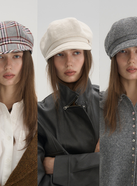 JOJOKUR 25AW法式复古格纹报童帽增高颅顶头包脸透气混纺画家帽子