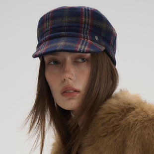 JOJOKUR 不惜工本进口面料手作温度_深蓝红格纹羊毛呢骑士帽冬季