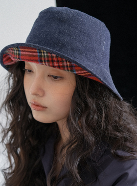 JOJOKUR 圣诞限量款小众气质英式红格纹牛仔渔夫帽双面戴保暖盆帽