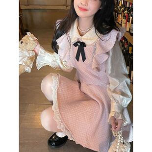 温柔粉甜美A字飞袖 一整套纯欲风 小香风连衣裙显瘦短裙2025冬秋装