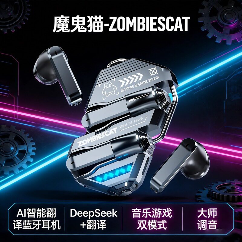 魔鬼猫蓝牙耳机AI智能翻译B21新款潮流炫酷机甲风运动超长续航