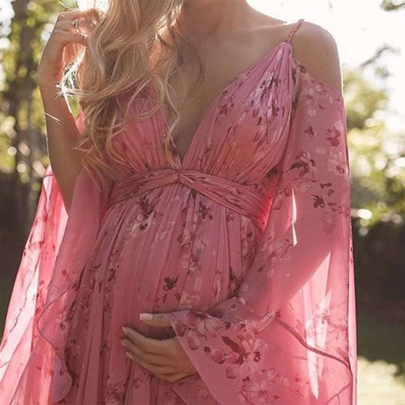 Floral pink long dress maternity plus size womens full