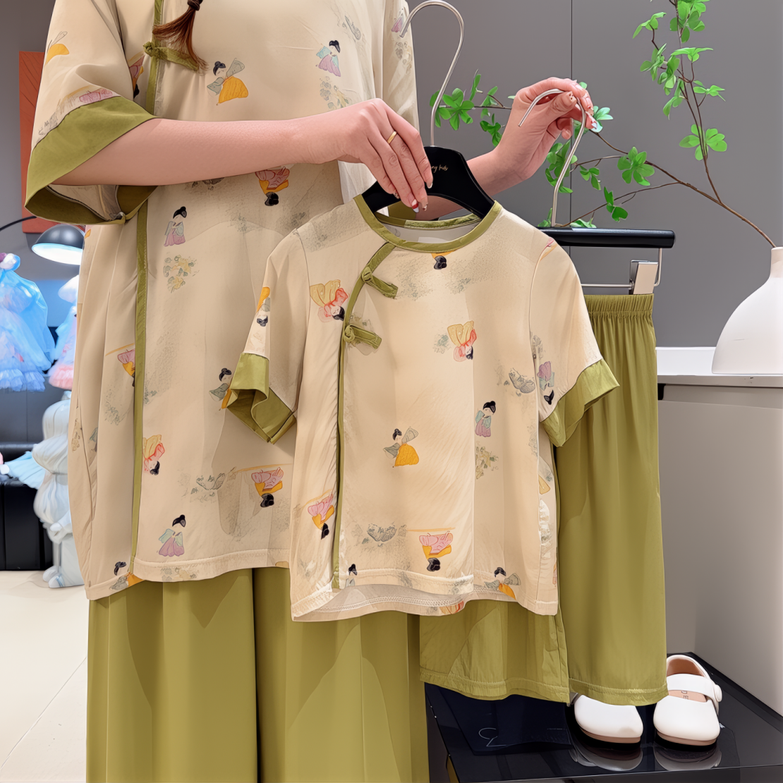 夏季新款女童国风碎花亲子套装