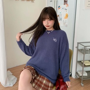 YUZI鱼子针织温柔紫毛衣慵懒风特大码 胖mm 秋冬软糯百搭高级感女装