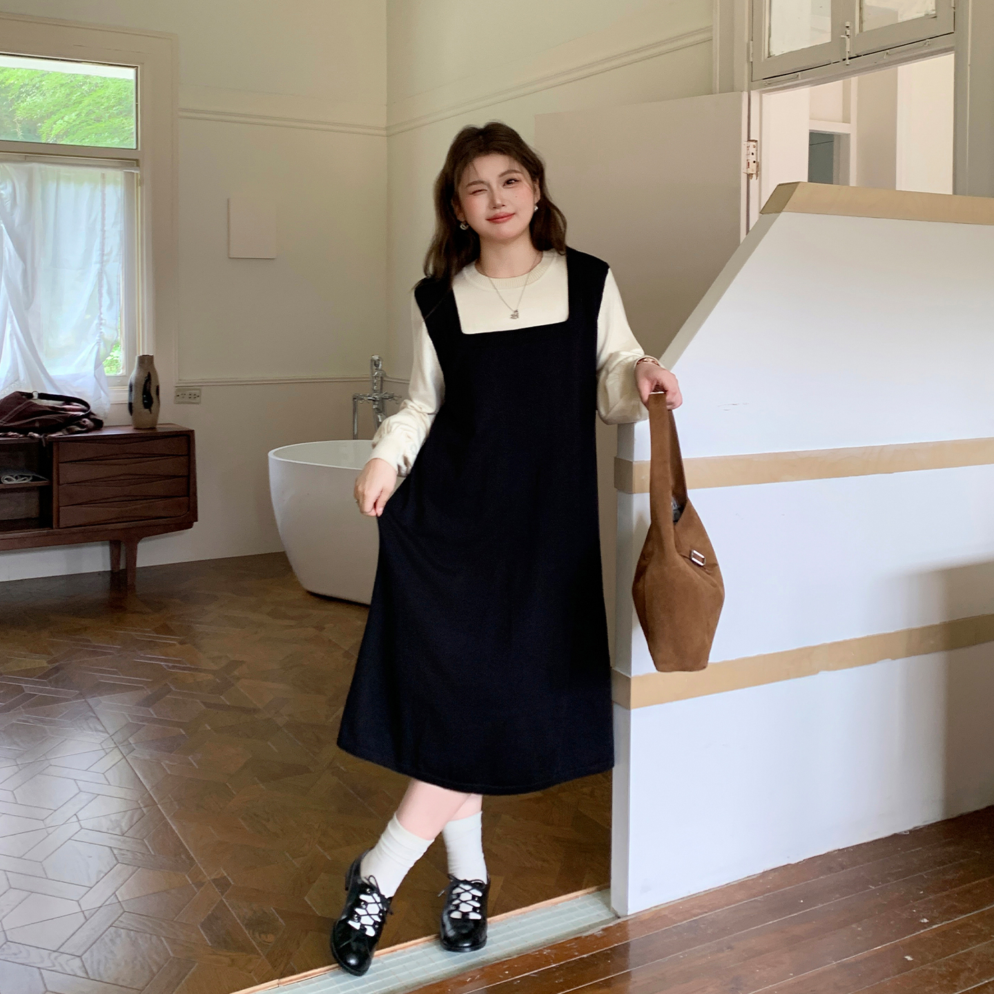 鱼子撞色拼接针织假两件连衣裙