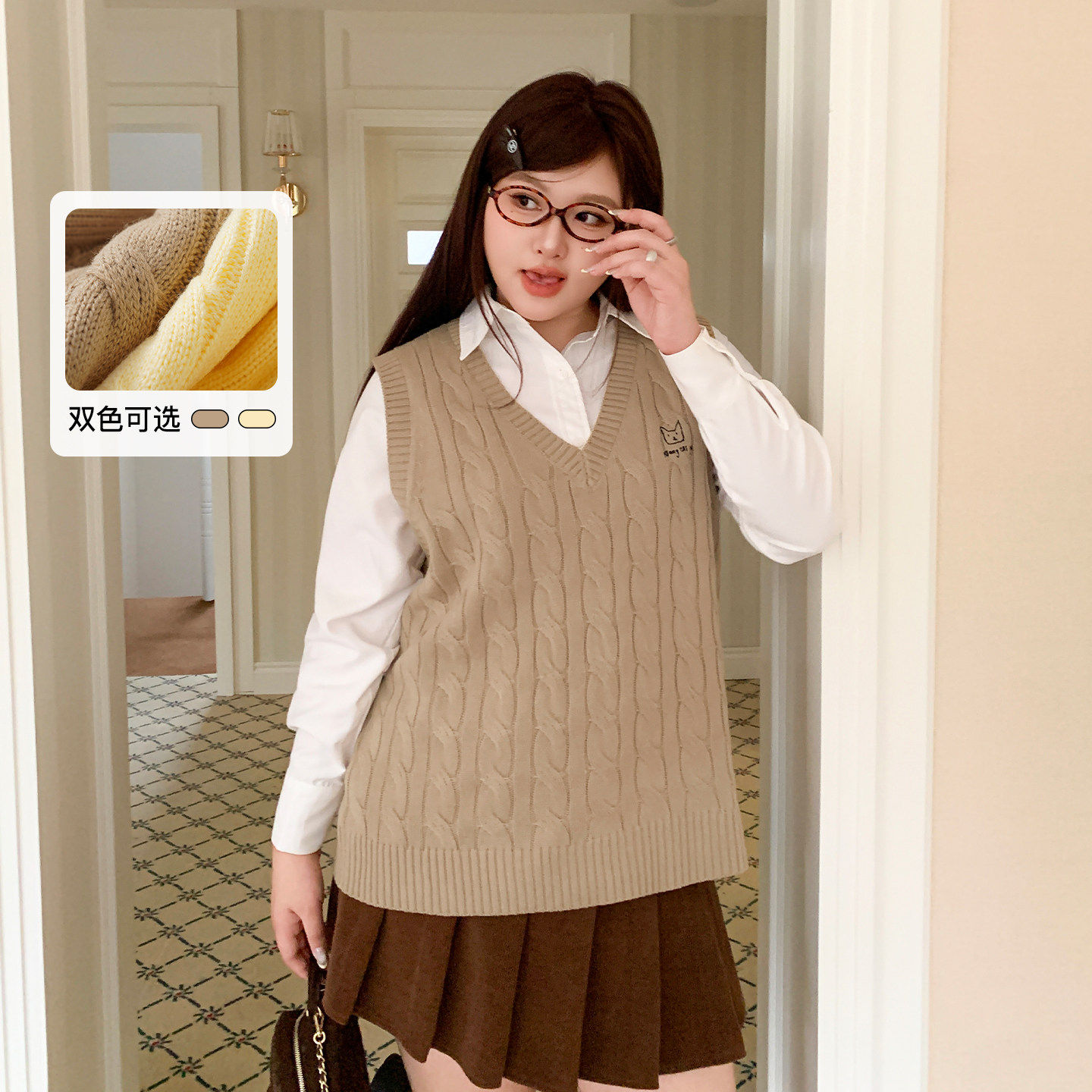 YUZI鱼子学院风麻花针织马甲V领气质百搭无袖毛衣简约大码女装,女装/女士精品,大码内搭,淘宝优惠券,粉丝福利购,淘宝优惠卷