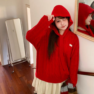 YUZI鱼子蝴蝶结麻花毛衣红色带帽上衣宽松休闲百搭针织衫大码女装