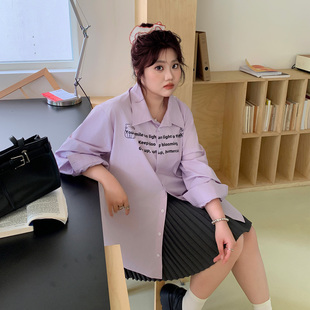 韩系微胖mm显瘦遮肉亲肤舒适上衣 女装 YUZI鱼子衬衫 字母印花大码