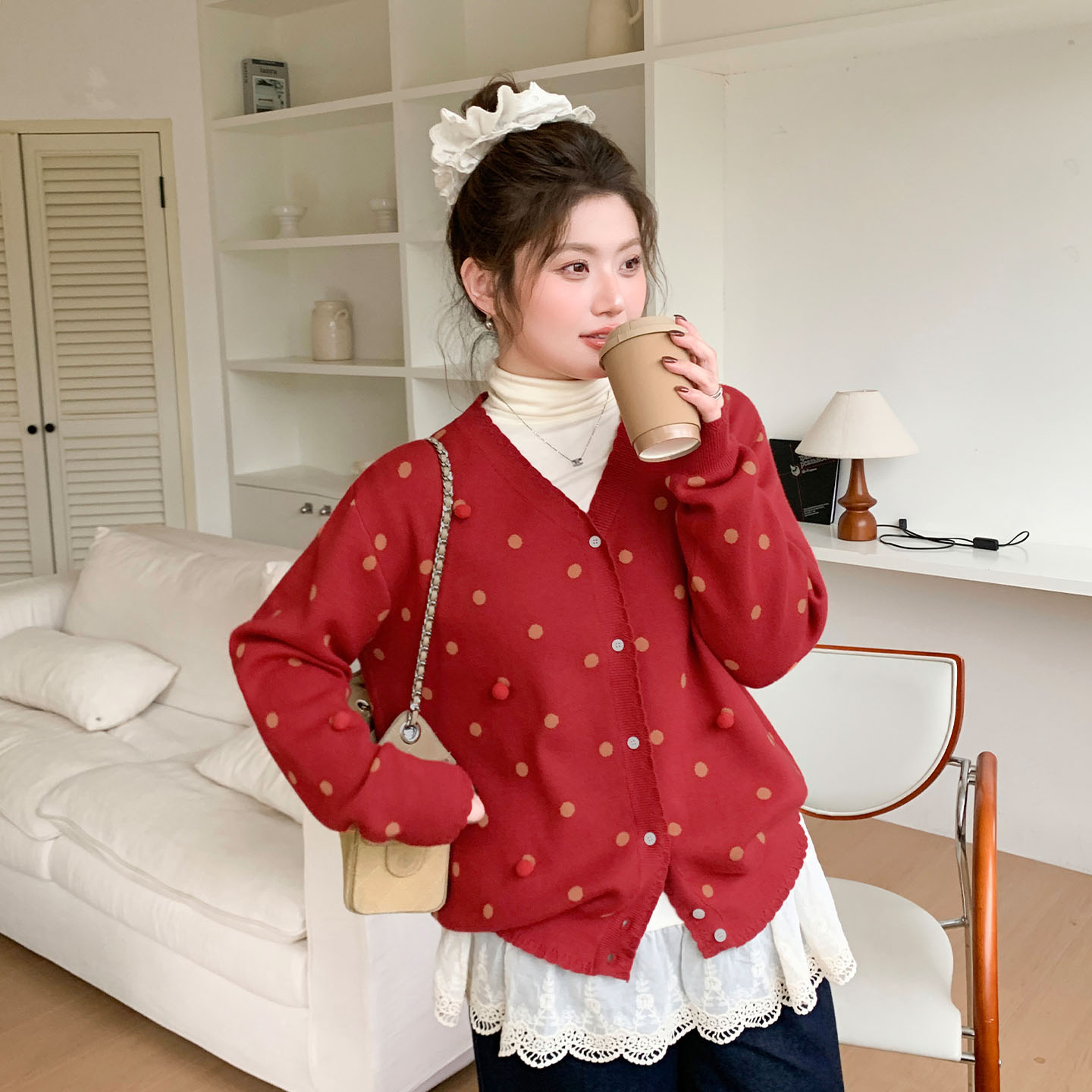 YUZI鱼子红色波点开衫复古大码