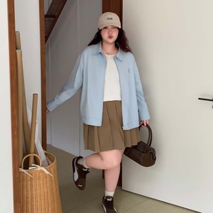YUZI鱼子夹克外套大码 胖mm浅蓝色拉链刺绣甜美宽松百搭春秋 女装