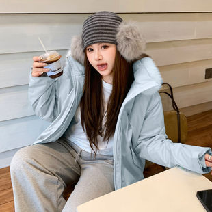 YUZI鱼子甜酷短款派克服外套细闪大毛领蓝色宽松加厚棉服大码女装