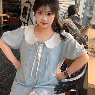 微胖mm妹显瘦遮肉清新娃娃领可爱 YUZI鱼子轻薄短袖 衬衫 大码 女装