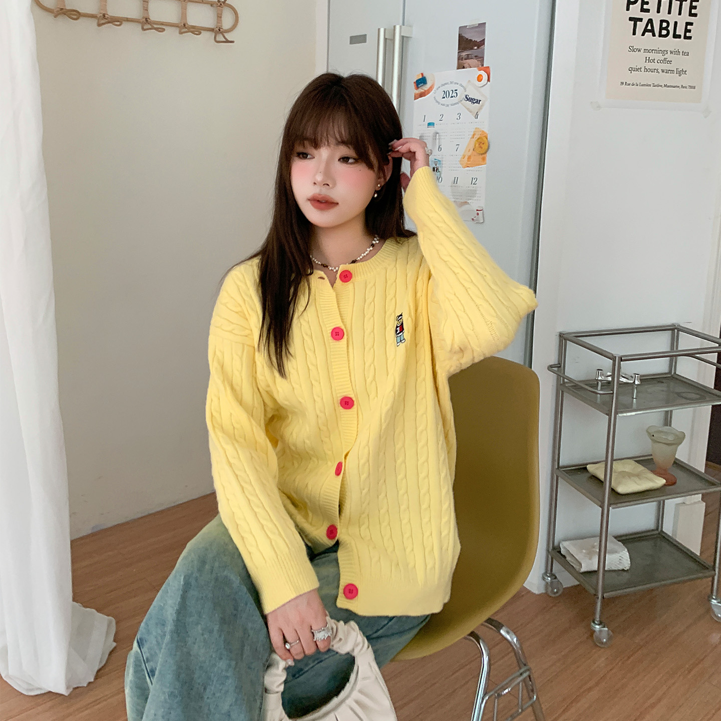 YUZI鱼子黄色针织开衫特大码女装