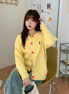 YUZI鱼子奶黄色针织开衫麻花肌理感秋冬大码女装软糯毛衣外套胖mm