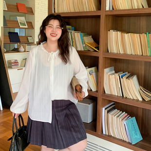 YUZI鱼子白棉衬衫大码女装微胖mm显瘦遮肉200斤绑带领口俏皮可爱