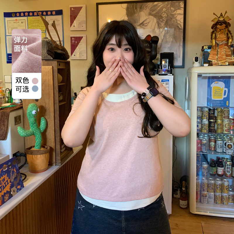 YUZI鱼子假两件T恤U领大码女