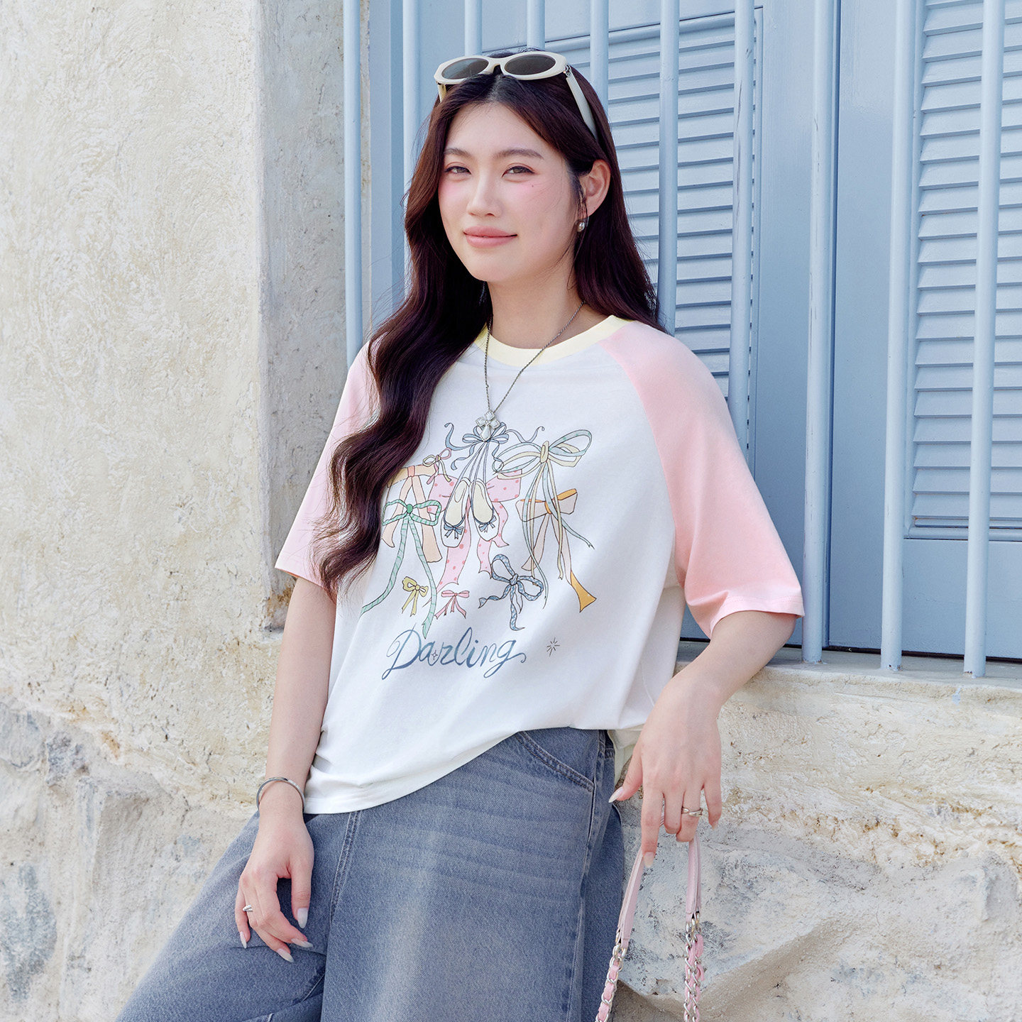 YUZI鱼子蝴蝶结短袖插肩袖T恤可爱卡通印花宽松显瘦上衣大码女装
