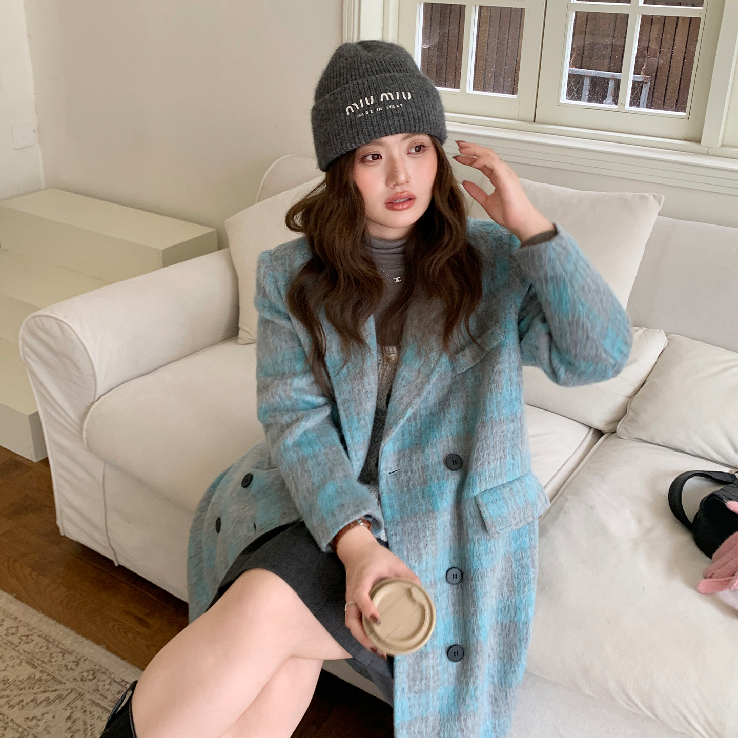 YUZI鱼子格子毛呢大衣特大码女