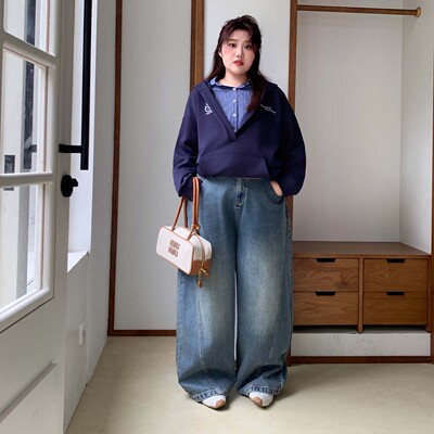 YUZI鱼子弯刀阔腿大码牛仔裤