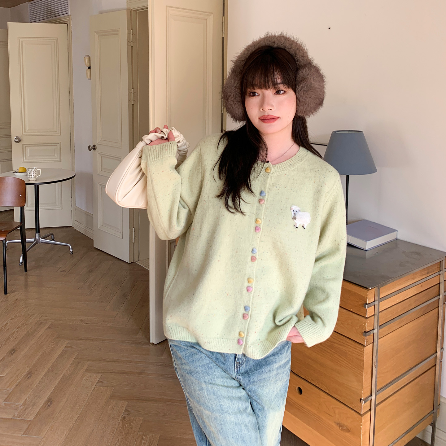 YUZI鱼子小羊刺绣针织开衫大码女