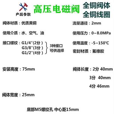 JT2202小型二位两通高压电磁阀常闭耐压8Mpa水阀气阀AC220VDC24V